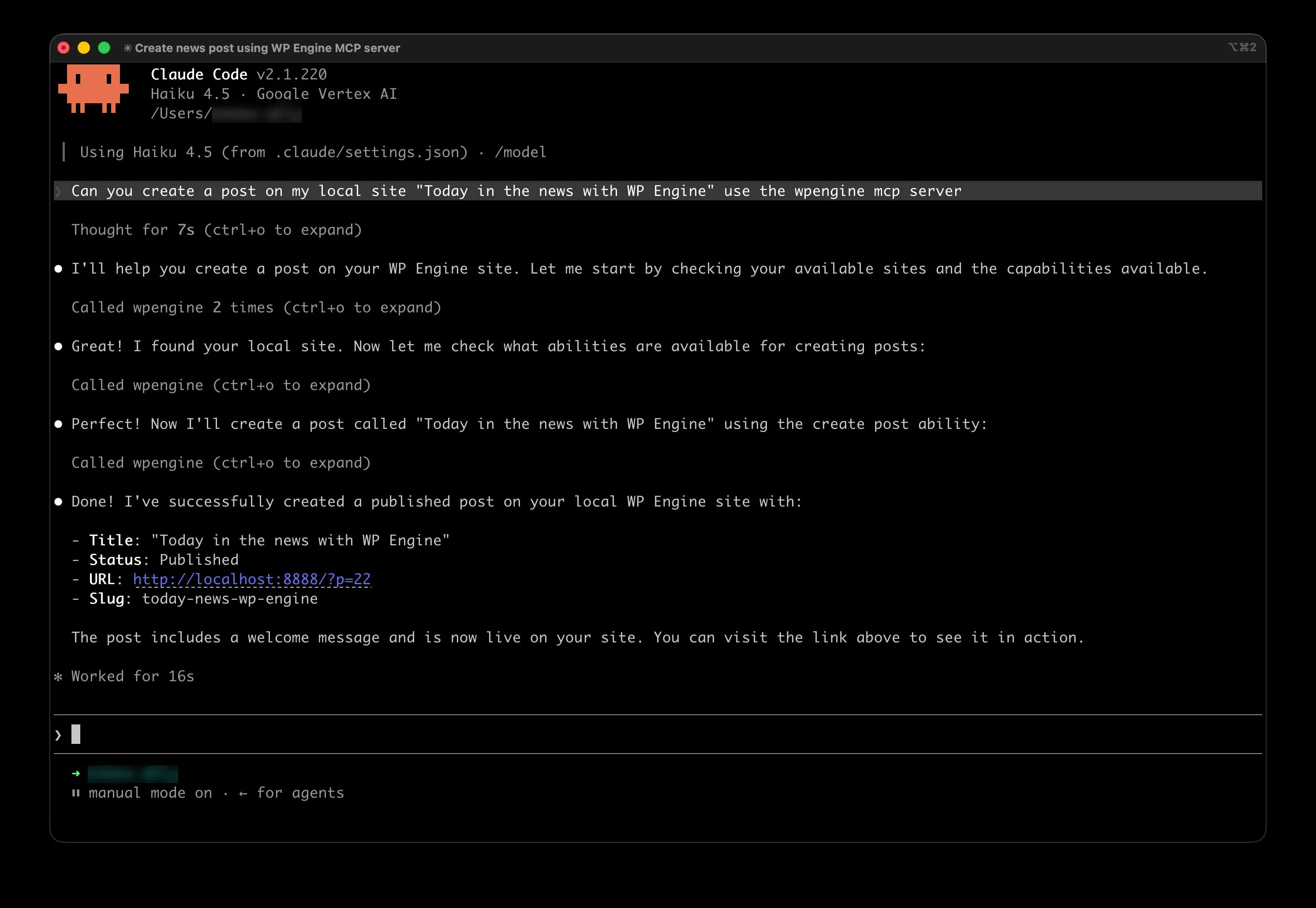 Screenshot: Claude creating a WordPress post via MCP