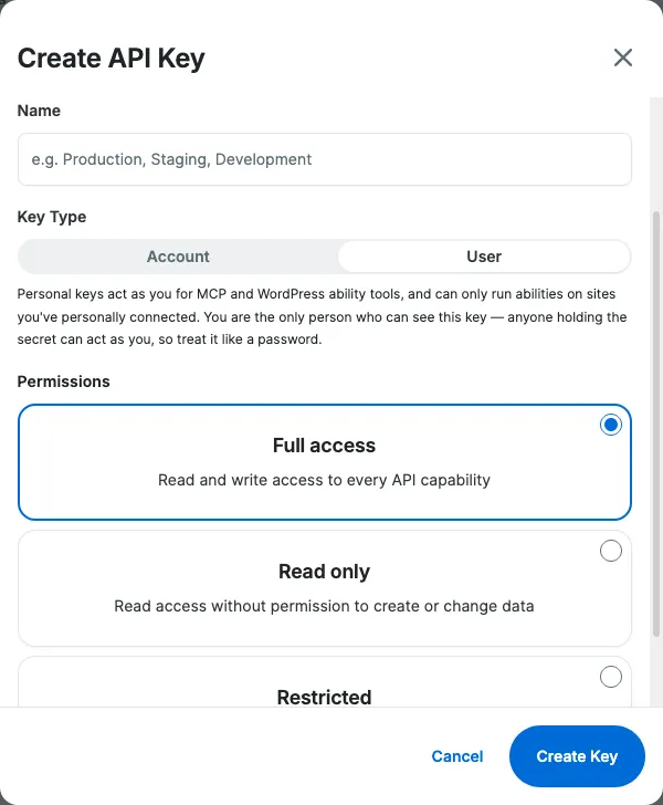 Screenshot: Creating a User API key in the WP Engine User Portal