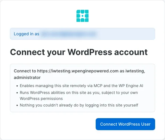 Screenshot: Connect your WordPress account consent screen in WP Engine AI